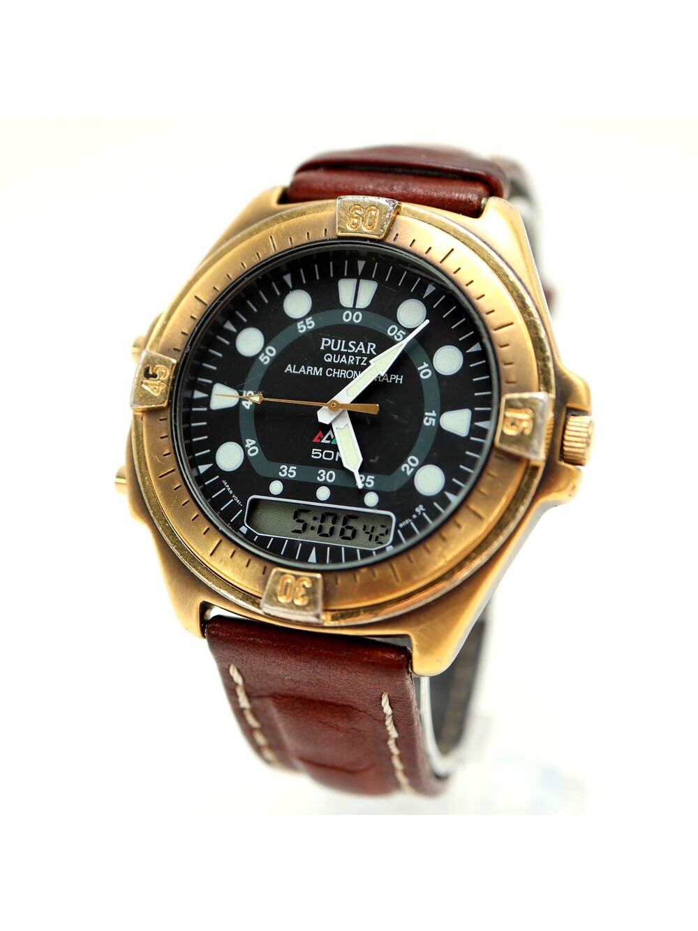 Pulsar Alarm Chrono Ana Digi 41mm Watch Brown Leather V014-9020 w New Battery